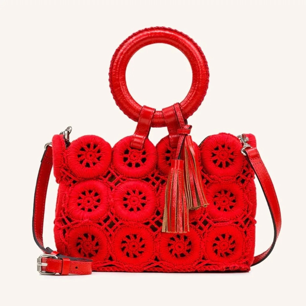 Patricia Nash Vobbia Crochet Leather Tote Bag in Papaya Red